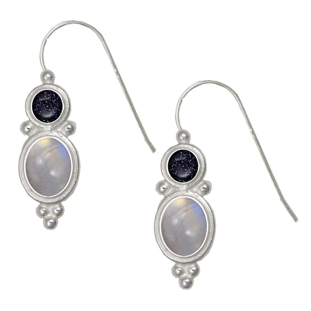 Sterling Silver Drop Dangle Earrings With Rainbow Moonstone And Blue Goldstone